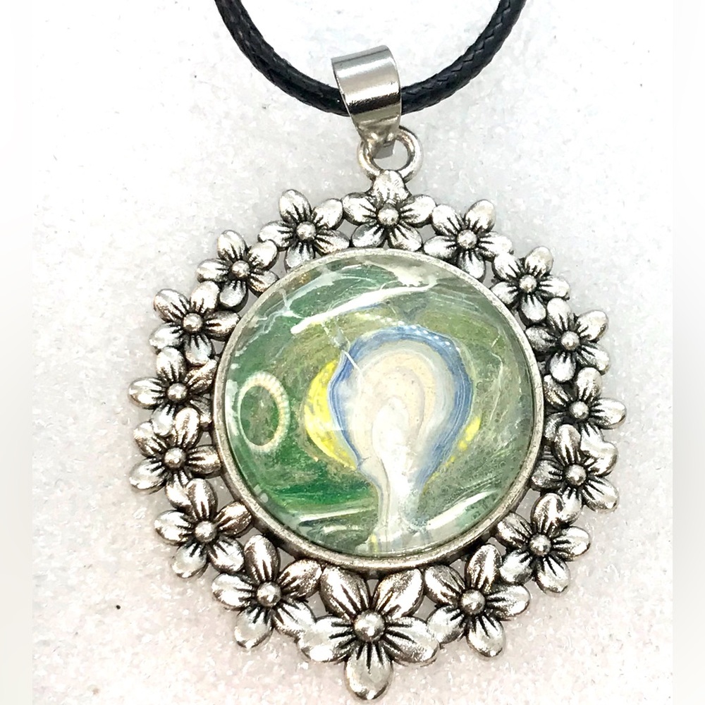 Floral Necklace Handmade large Pendant with hand painted glass dome NSN